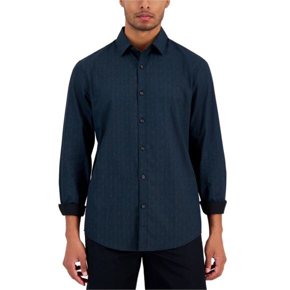 Alfani Men's Dark Blue Geo Print Cotton Long Sleeve Button Down Shirt Size S - Picture 1 of 3
